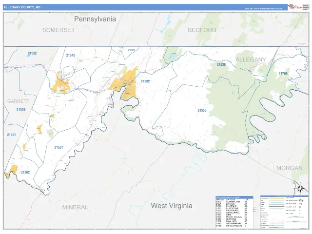 Allegany County, MD ZIP Code Wall Map, Business Reference style