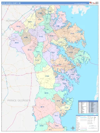 Anne Arundel County, MD ColorCast style ZIP Code wall map