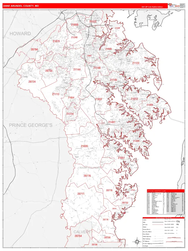 Anne Arundel County, MD ZIP Code Wall Map, RedLine style