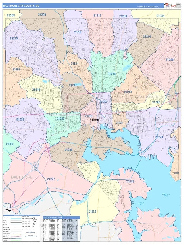 Baltimore City County, MD ZIP Code Wall Map, ColorCast style