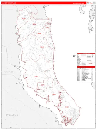 Calvert County, MD RedLine style ZIP Code wall map