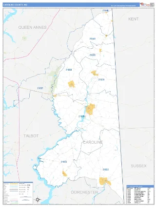 Caroline County, MD Business Reference style ZIP Code wall map