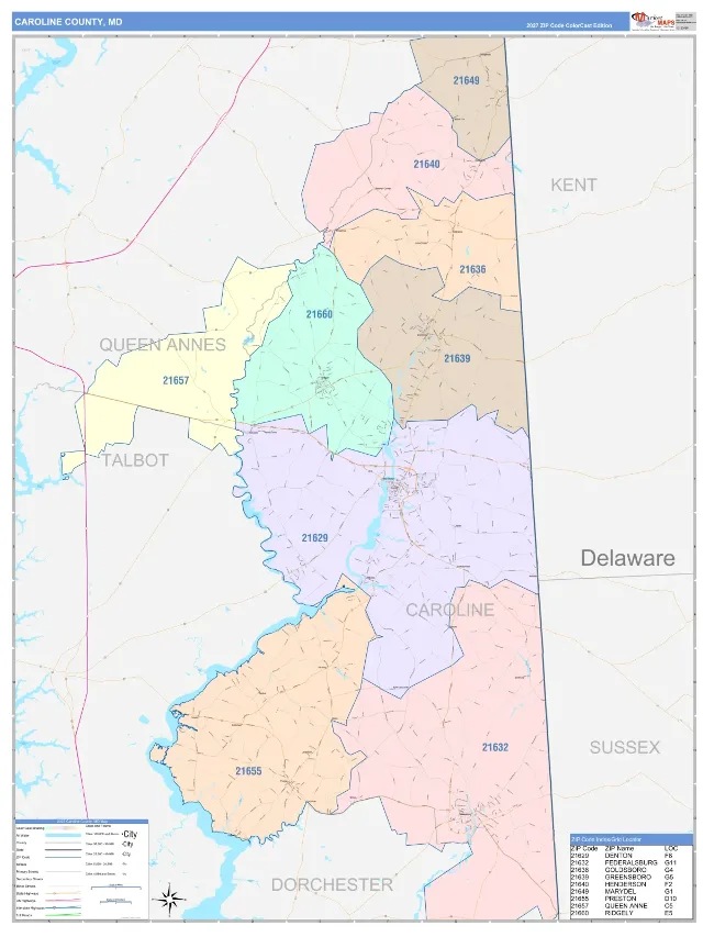 Caroline County, MD ZIP Code Wall Map, ColorCast style
