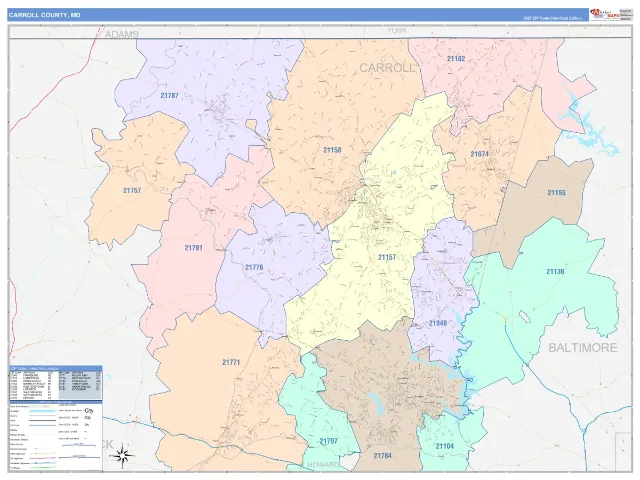 Carroll County, MD ZIP Code Wall Map, ColorCast style