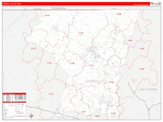Carroll County, MD RedLine style ZIP Code wall map