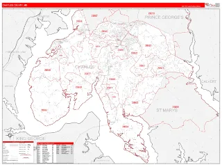 Charles County, MD RedLine style ZIP Code wall map