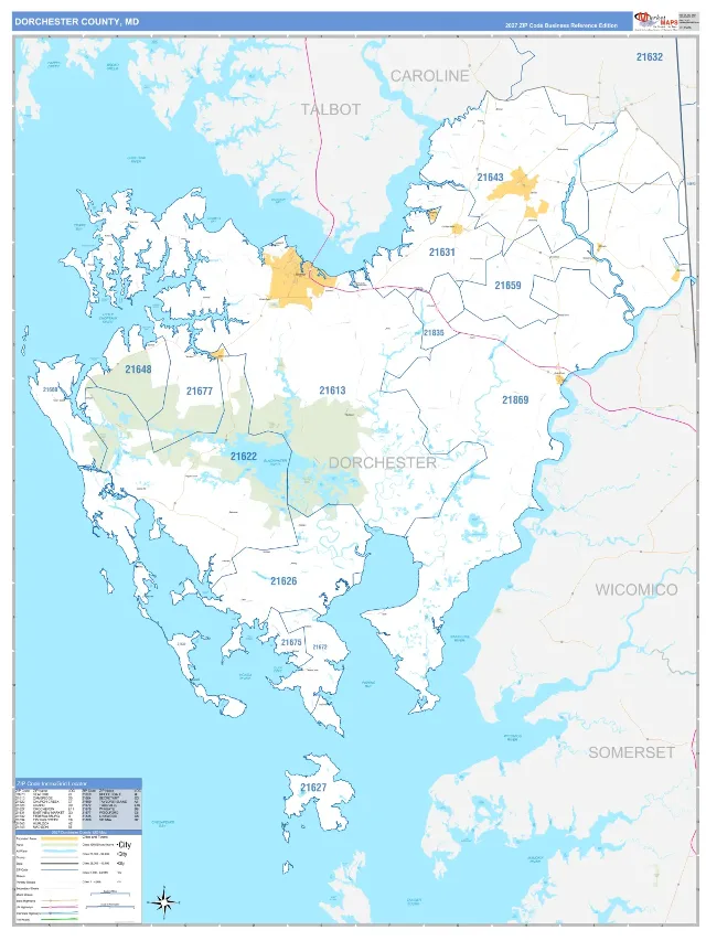 Dorchester County, MD ZIP Code Wall Map, Business Reference style