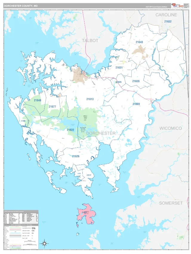 Dorchester County, MD ZIP Code Wall Map, Classic style