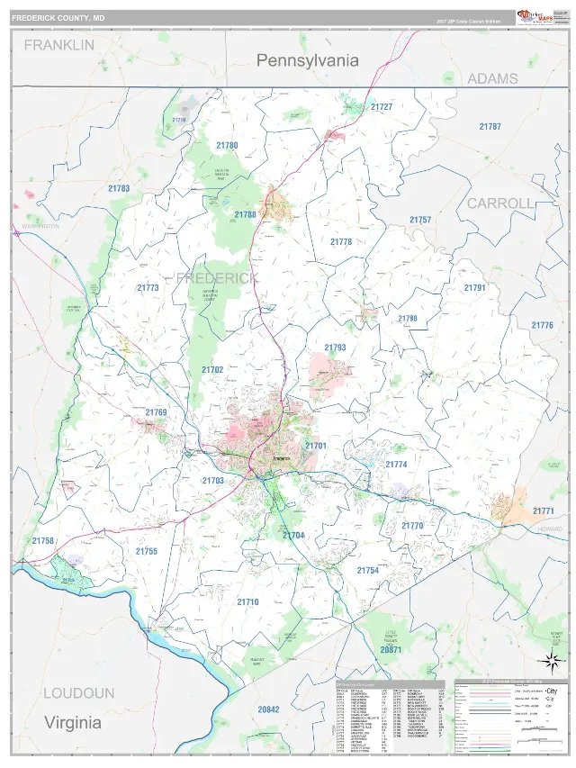 Frederick County, MD ZIP Code Wall Map, Classic style