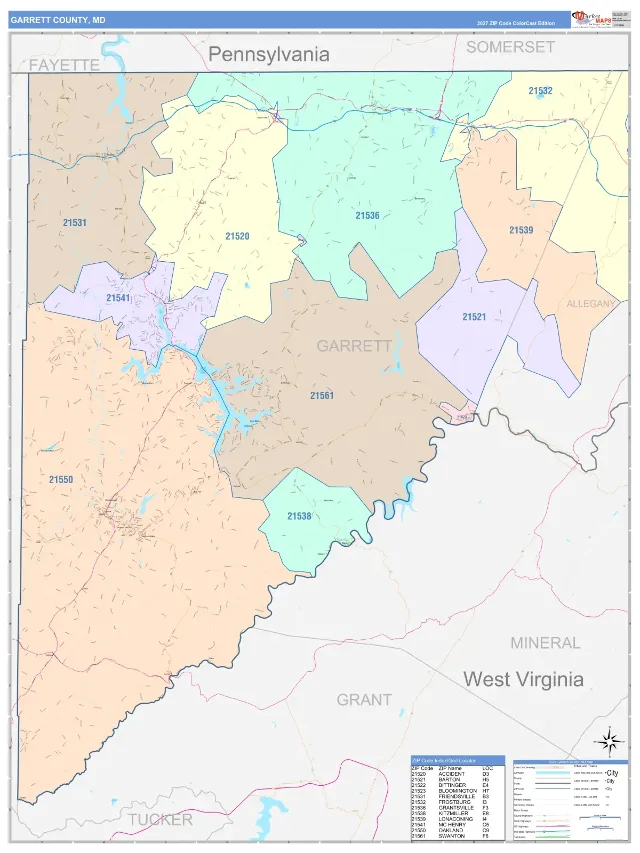 Garrett County, MD ZIP Code Wall Map, ColorCast style