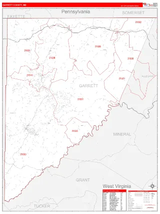 Garrett County, MD RedLine style ZIP Code wall map