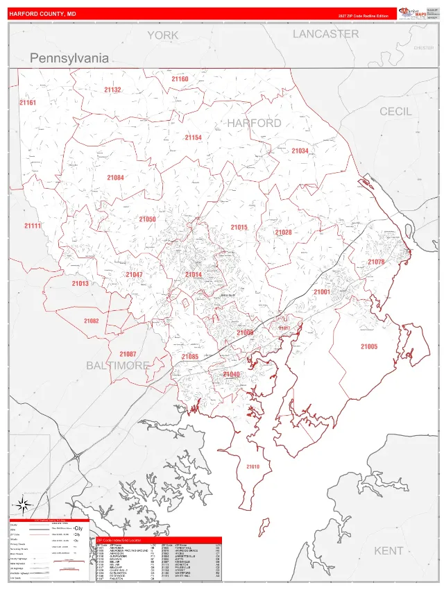 Harford County, MD ZIP Code Wall Map, RedLine style