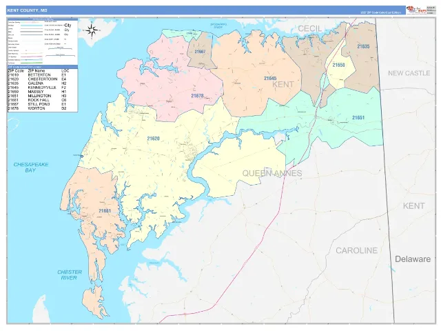 Kent County, MD ZIP Code Wall Map, ColorCast style