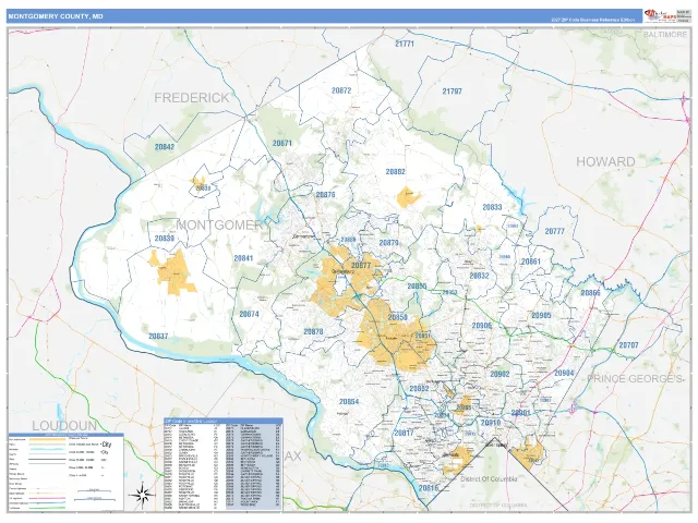 Montgomery County, MD ZIP Code Wall Map, Business Reference style