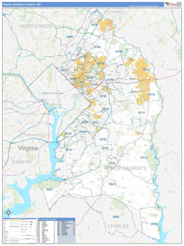 Prince George's County, MD ZIP Code Wall Map, Business Reference style
