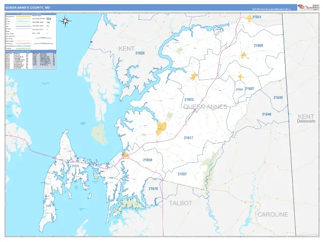 Queen Anne's County, MD ZIP Code Wall Map, Business Reference style