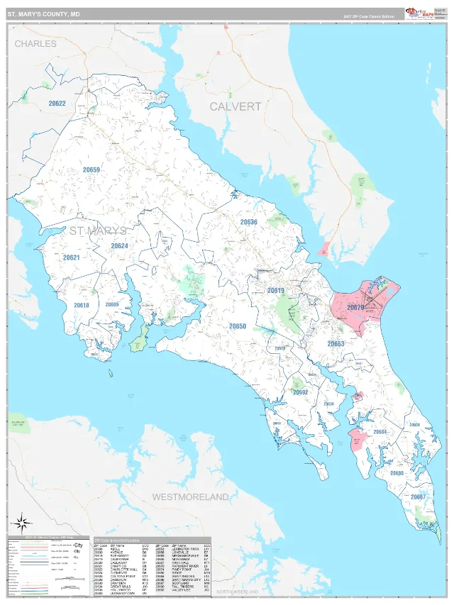 St. Mary's County, MD ZIP Code Wall Map, Classic style
