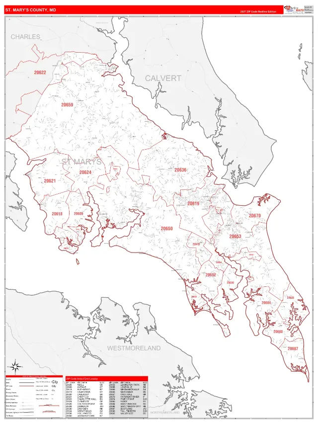 St. Mary's County, MD ZIP Code Wall Map, RedLine style