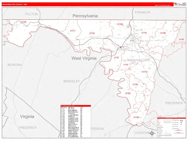 Washington County, MD ZIP Code Wall Map, RedLine style