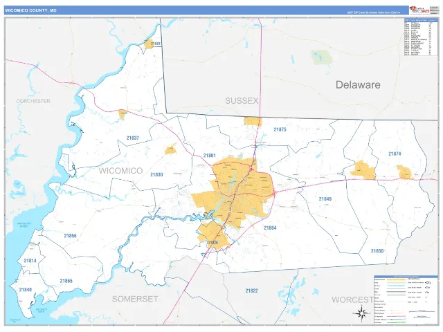 Wicomico County, MD ZIP Code Wall Map, Business Reference style