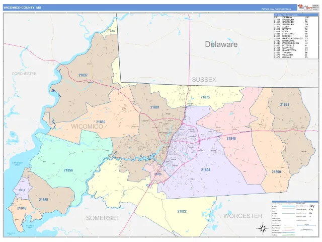 Wicomico County, MD ZIP Code Wall Map, ColorCast style
