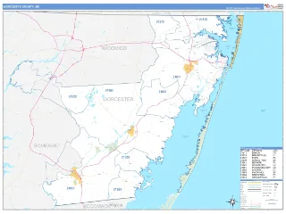 Worcester County, MD Business Reference style ZIP Code wall map