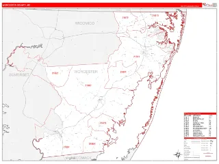 Worcester County, MD RedLine style ZIP Code wall map