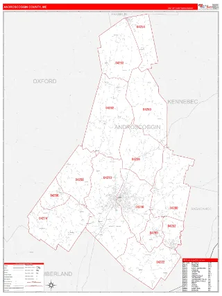 Androscoggin County, ME RedLine style ZIP Code wall map