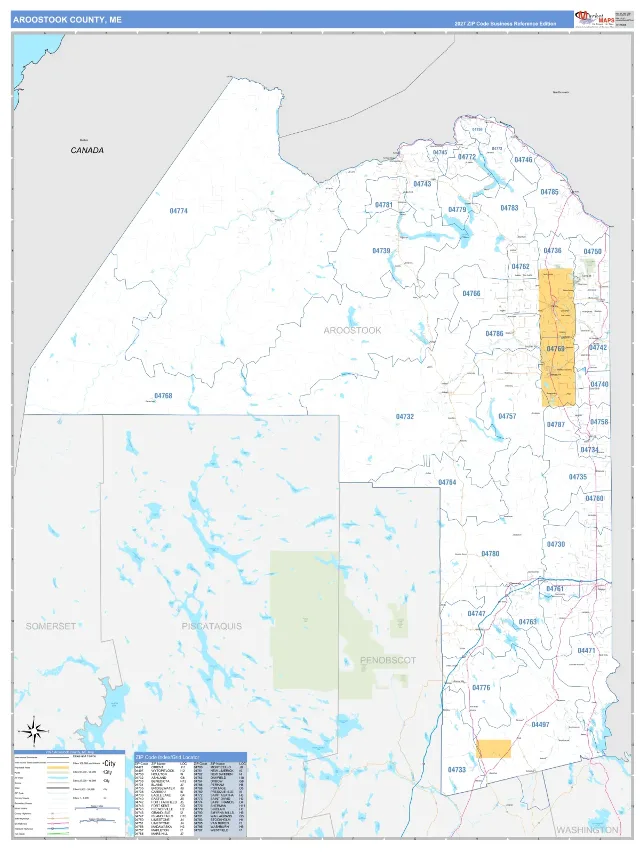 Aroostook County, ME ZIP Code Wall Map, Business Reference style