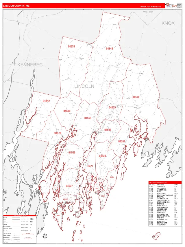 Lincoln County, ME ZIP Code Wall Map, RedLine style