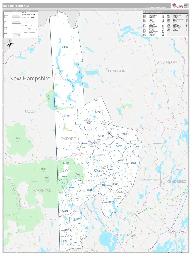 Oxford County, ME ZIP Code Wall Map, Classic style