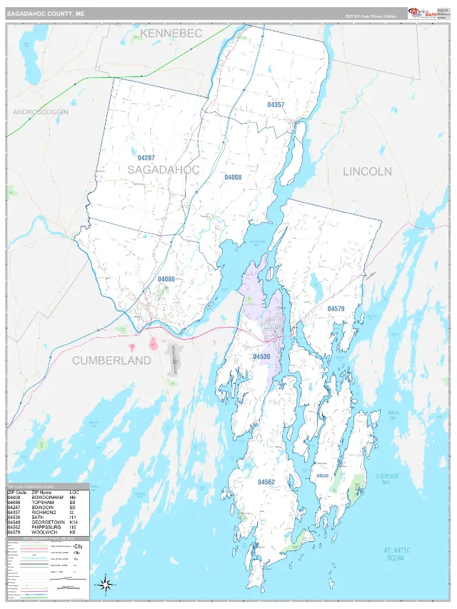 Sagadahoc County, ME ZIP Code Wall Map, Classic style