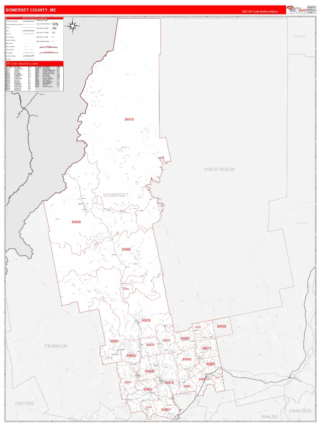 Somerset County, ME ZIP Code Wall Map, RedLine style