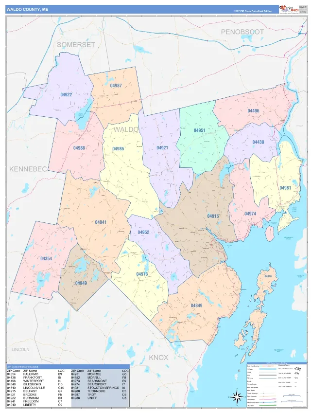 Waldo County, ME ZIP Code Wall Map, ColorCast style