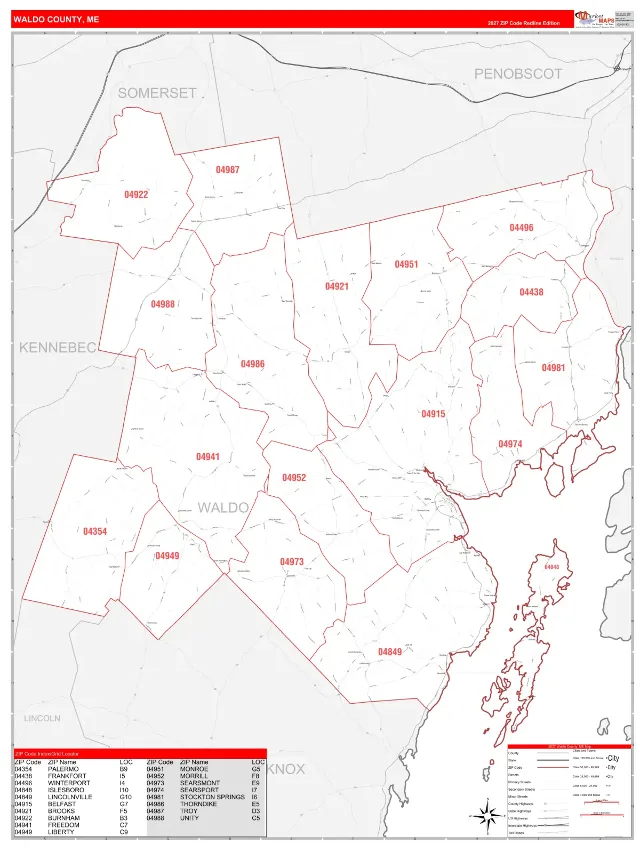 Waldo County, ME ZIP Code Wall Map, RedLine style