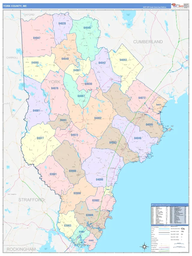 York County, ME ZIP Code Wall Map, ColorCast style
