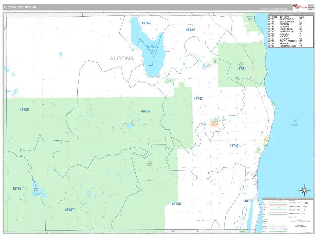 Alcona County, MI ZIP Code Wall Map, Classic style