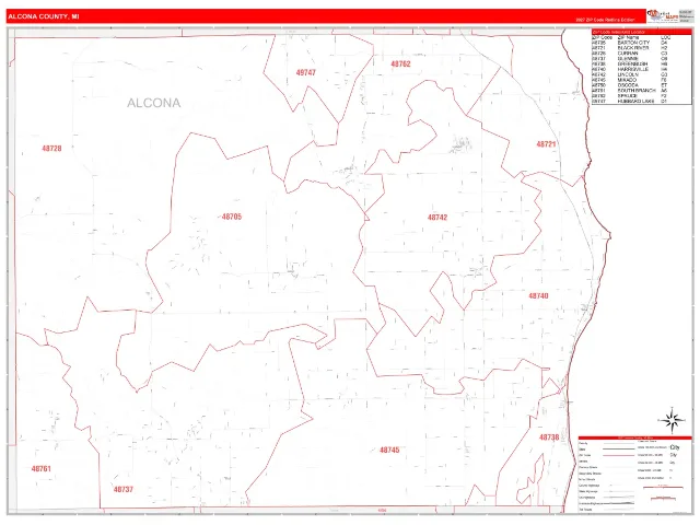 Alcona County, MI ZIP Code Wall Map, RedLine style