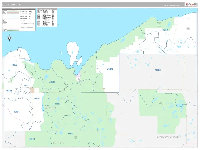 Alger County, MI ZIP Code Wall Map, Classic style