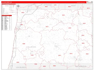 Allegan County, MI RedLine style ZIP Code wall map