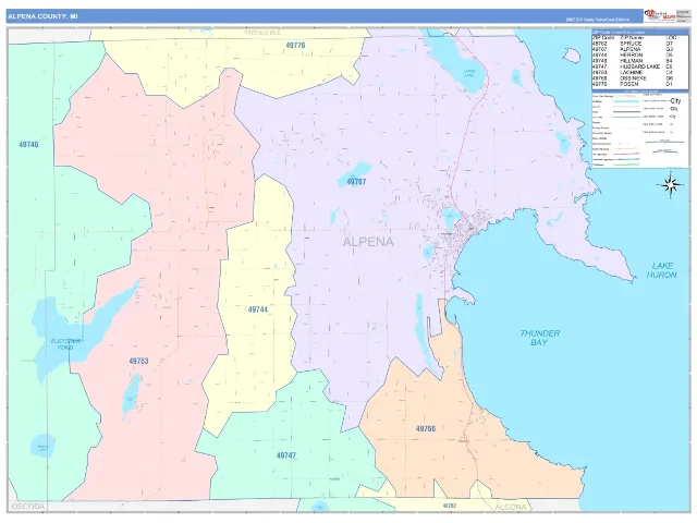 Alpena County, MI ZIP Code Wall Map, ColorCast style