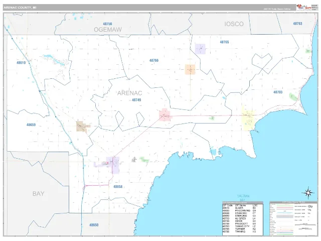Arenac County, MI ZIP Code Wall Map, Classic style