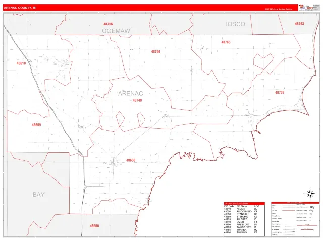 Arenac County, MI ZIP Code Wall Map, RedLine style