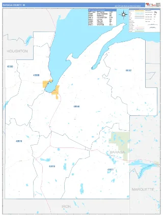 Baraga County, MI Business Reference style ZIP Code wall map