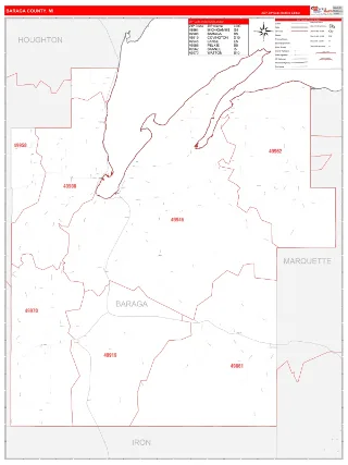 Baraga County, MI RedLine style ZIP Code wall map