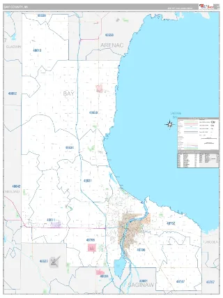 Bay County, MI Classic style ZIP Code wall map