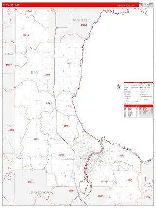 Bay County, MI RedLine style ZIP Code wall map