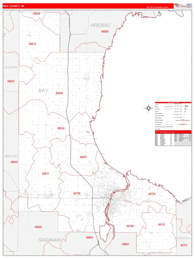 Bay County, MI ZIP Code Wall Map, RedLine style