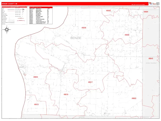 Benzie County, MI ZIP Code Wall Map, RedLine style