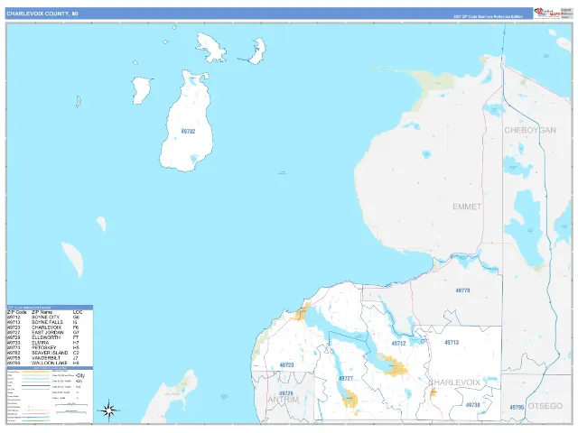 Charlevoix County, MI ZIP Code Wall Map, Business Reference style
